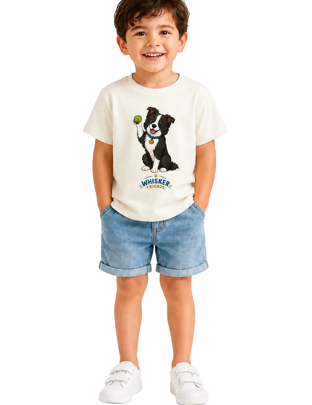 A young boy stands against a white studio background wearing a cream-colored t-shirt with a black and white dog graphic and the brand name 'Whisker' printed below it, paired with light blue denim shorts and white sneakers.