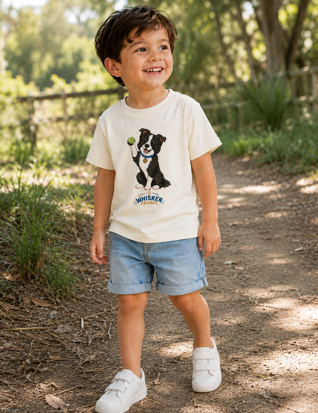 A young boy wearing a cream-colored graphic t-shirt with a black and white dog print, light blue denim shorts, and white sneakers, standing on a dirt path in a sunny outdoor setting.