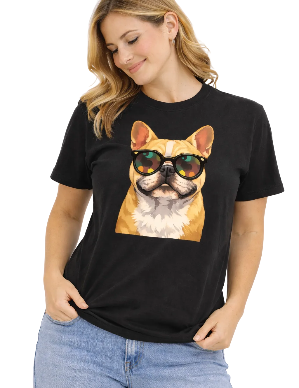 Woman wearing a black t-shirt with a dog graphic and sunglasses on a white background