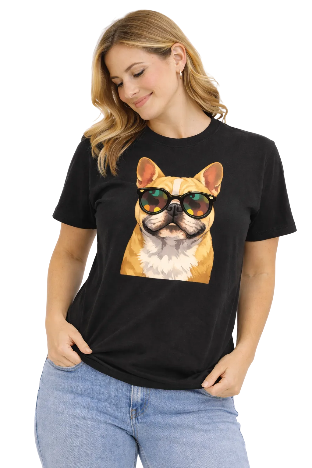 Woman wearing a black t-shirt with a dog graphic and sunglasses on a white background