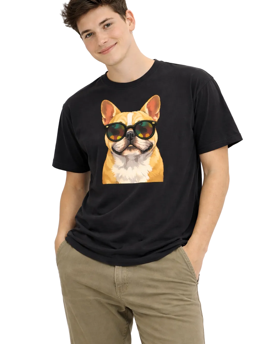Person wearing a black t-shirt with a dog graphic and sunglasses on a white background