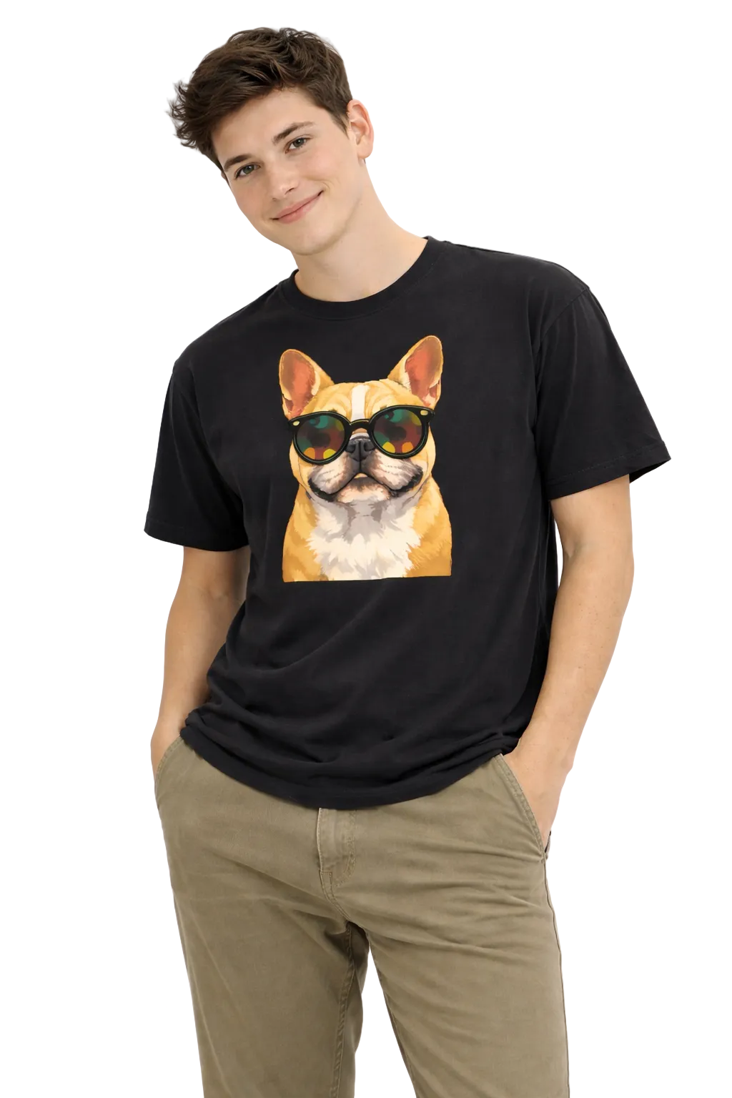 Person wearing a black t-shirt with a dog graphic and sunglasses on a white background