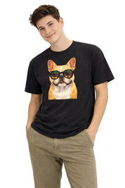 Person wearing a black t-shirt with a dog graphic and sunglasses on a white background