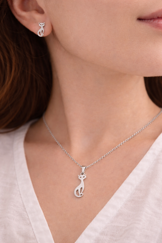 Cat Silhouette Necklace & Earrings Set