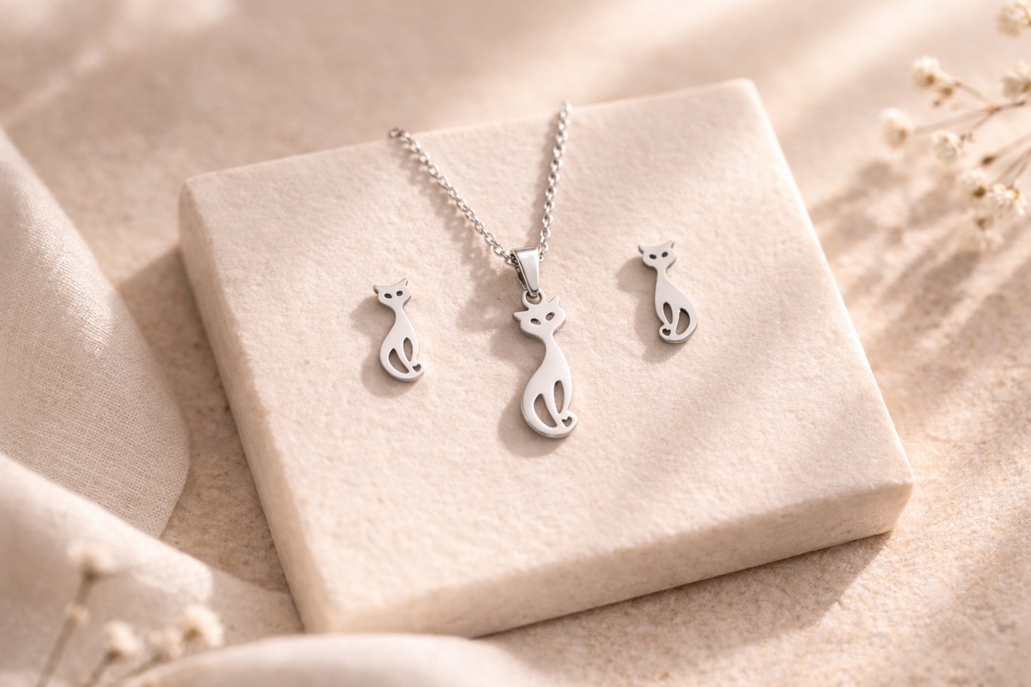 Cat Silhouette Necklace & Earrings Set
