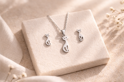Cat Silhouette Necklace & Earrings Set