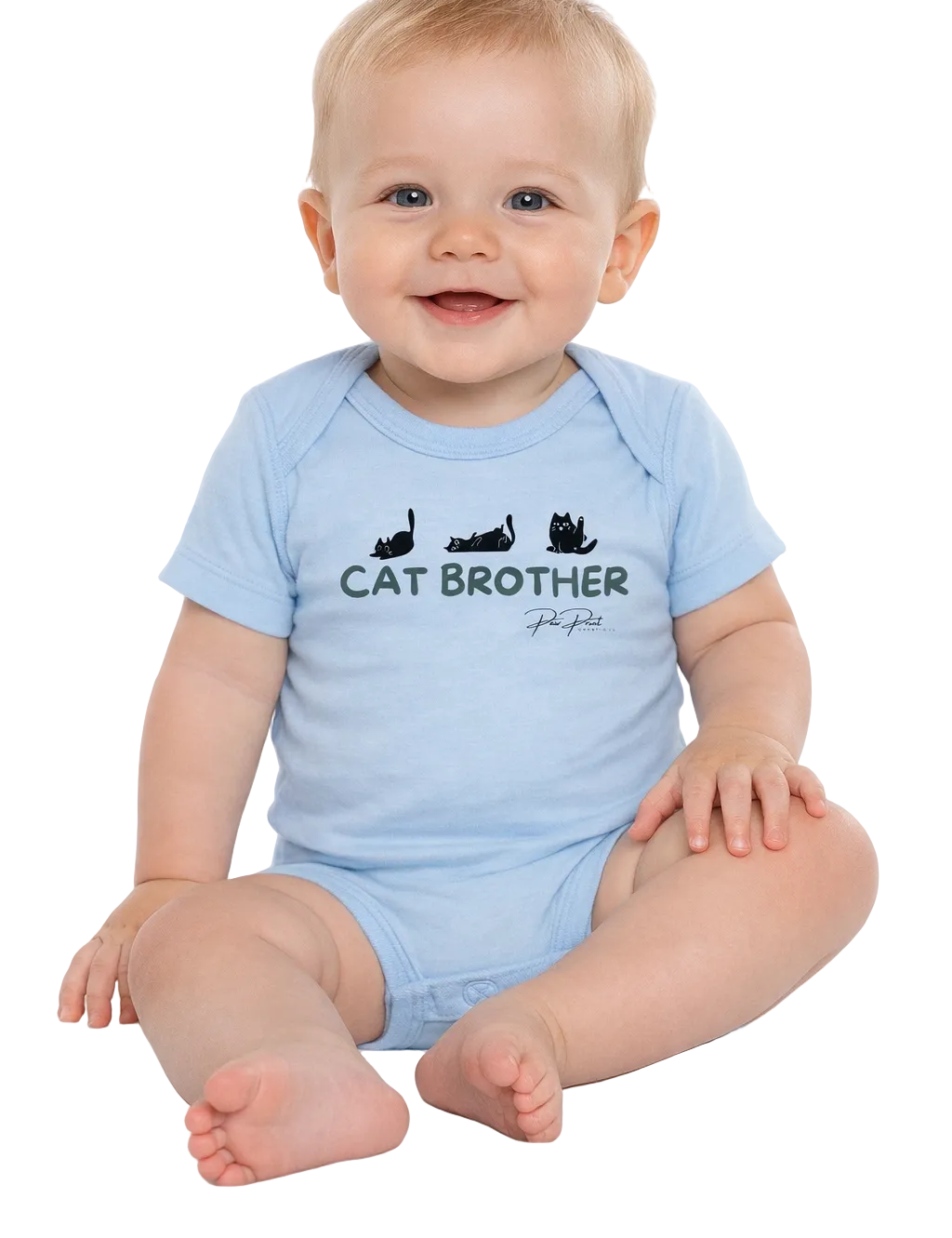 Baby wearing a light blue onesie with 'Cat Brother' text on a white background