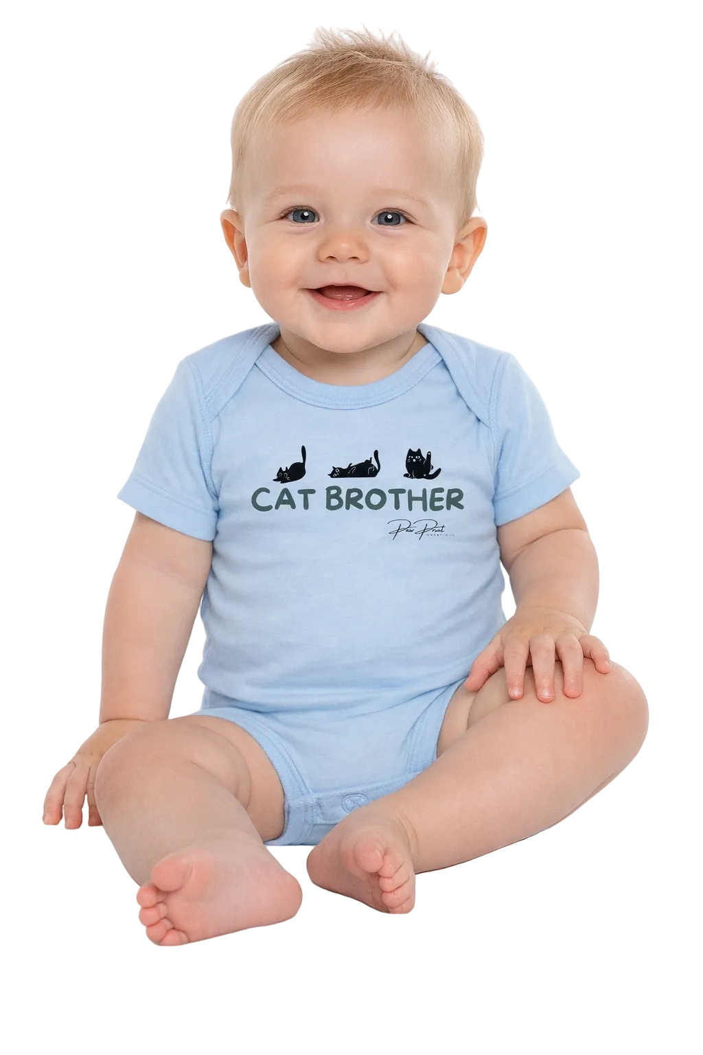 Baby wearing a light blue onesie with 'Cat Brother' text on a white background