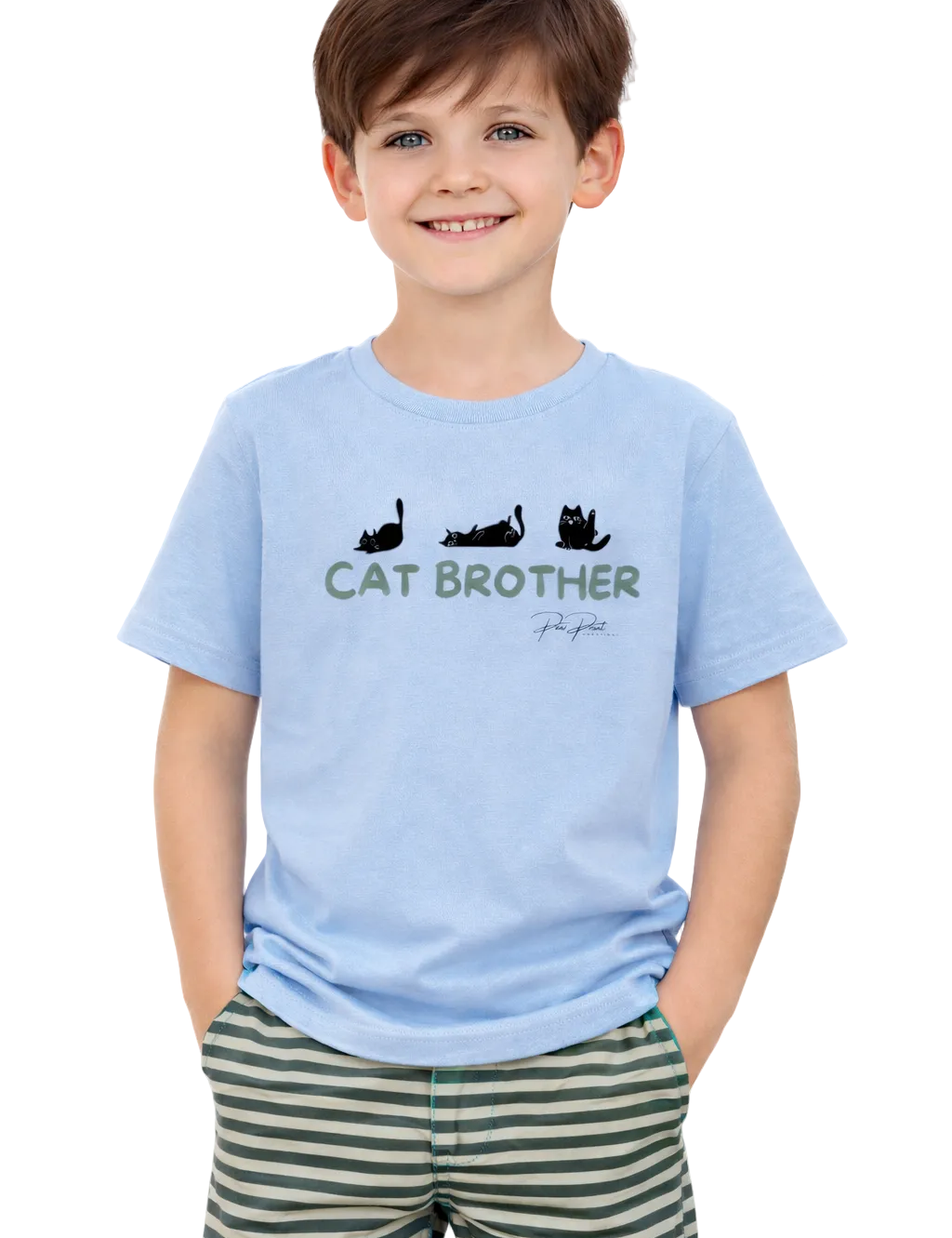 Child wearing a light blue t-shirt with 'Cat Brother' text on a white background