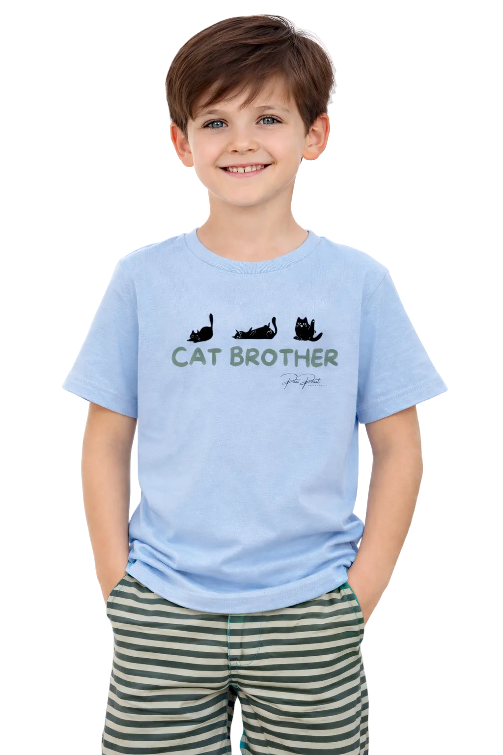 Child wearing a light blue t-shirt with 'Cat Brother' text on a white background