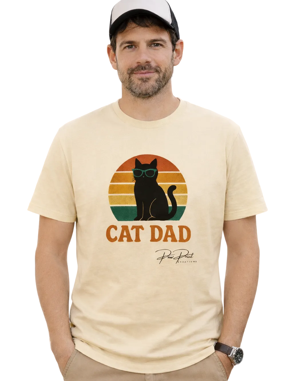 Man wearing a beige t-shirt with 'Cat Dad' graphic and text on a white background