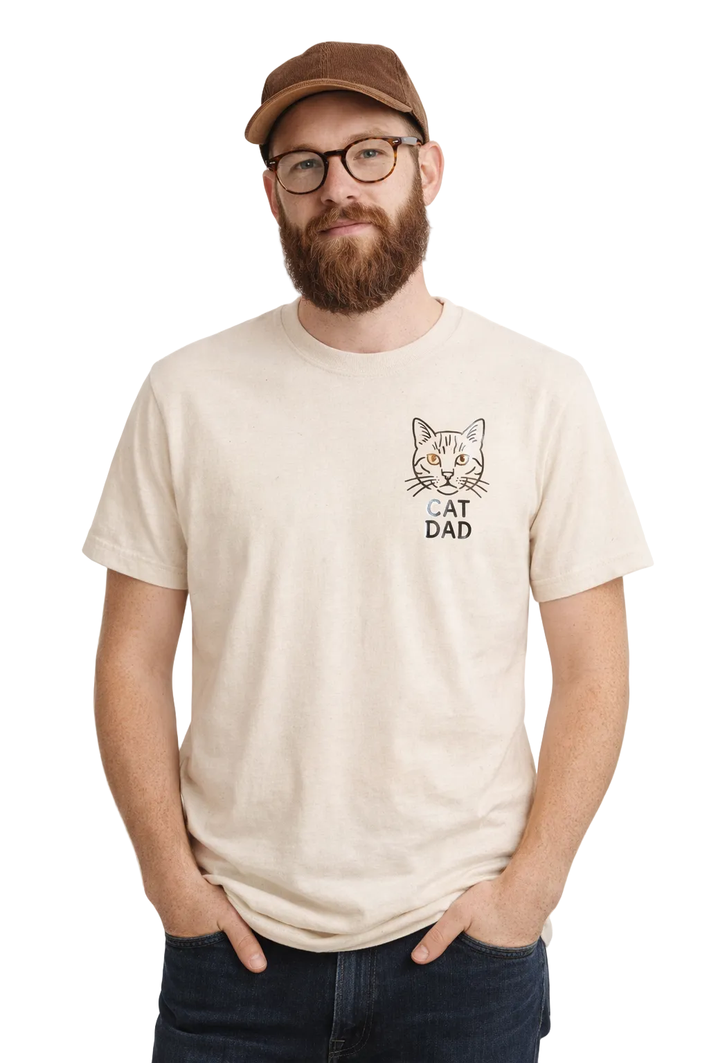 Man wearing a beige t-shirt with 'Cat Dad' graphic and text, standing against a white background.