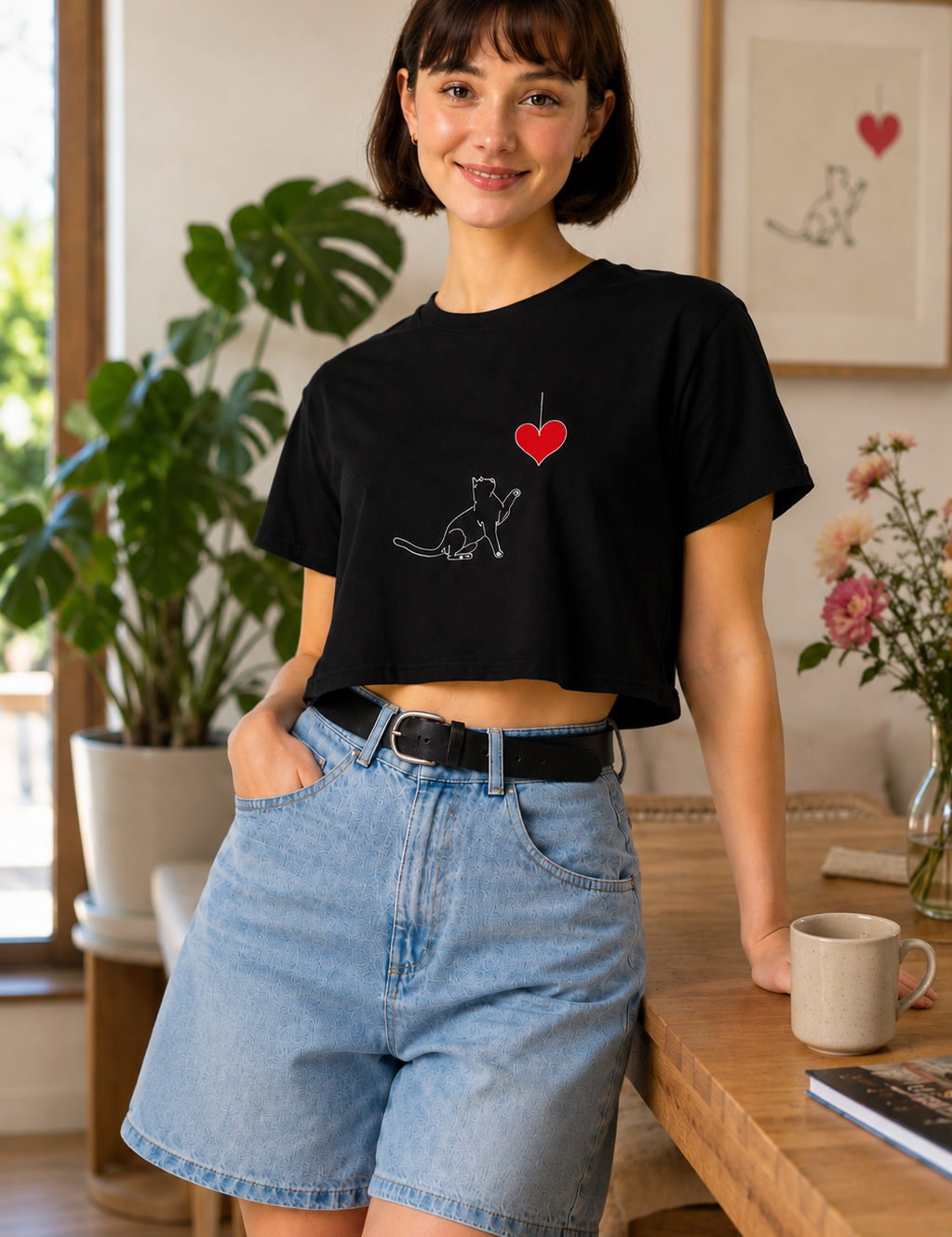 Woman wearing a black t-shirt with a graphic design in a room with plants and a table.