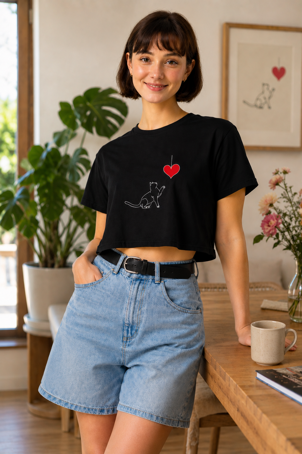 Woman wearing a black t-shirt with a graphic design in a room with plants and a table.