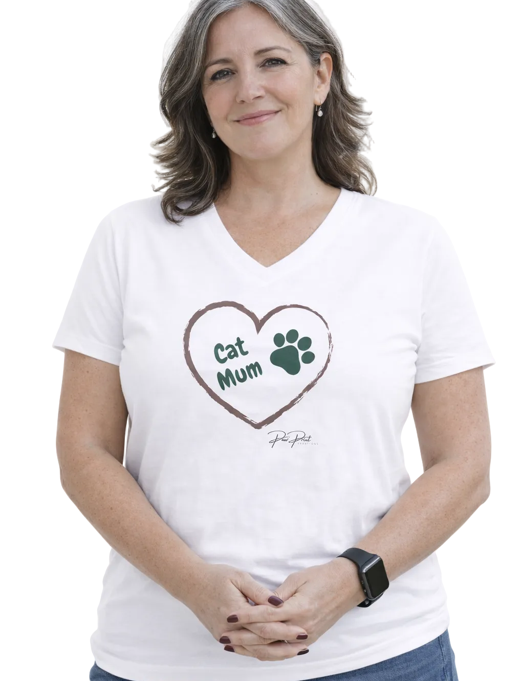 Woman wearing a white t-shirt with a heart design and text on a white background