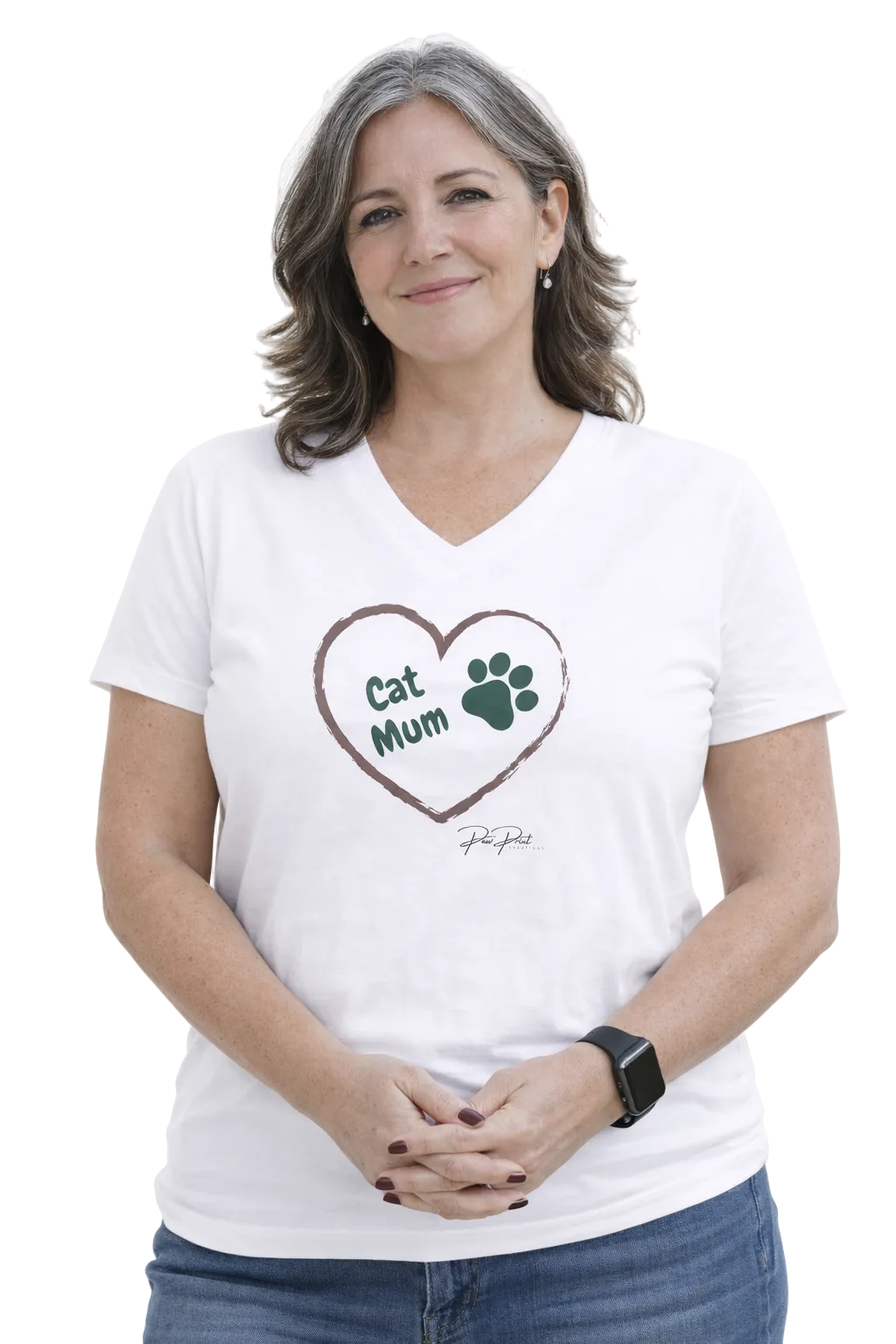 Woman wearing a white t-shirt with a heart design and text on a white background