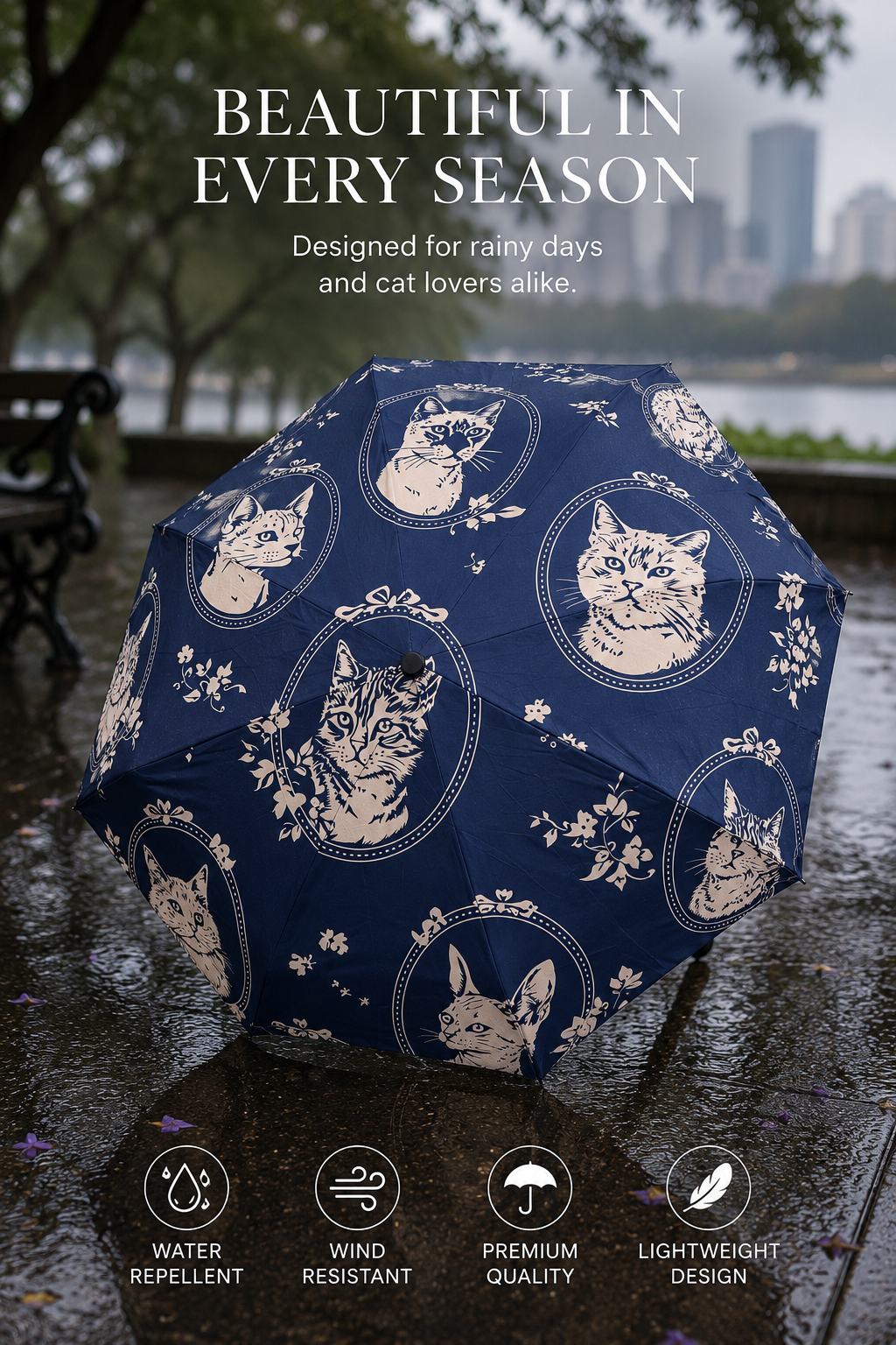 A navy blue umbrella with a cream cat pattern is shown on a wet city street in the rain, with promotional text at the top and feature icons at the bottom.