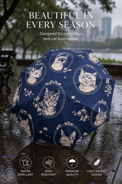 A navy blue umbrella with a cream cat pattern is shown on a wet city street in the rain, with promotional text at the top and feature icons at the bottom.