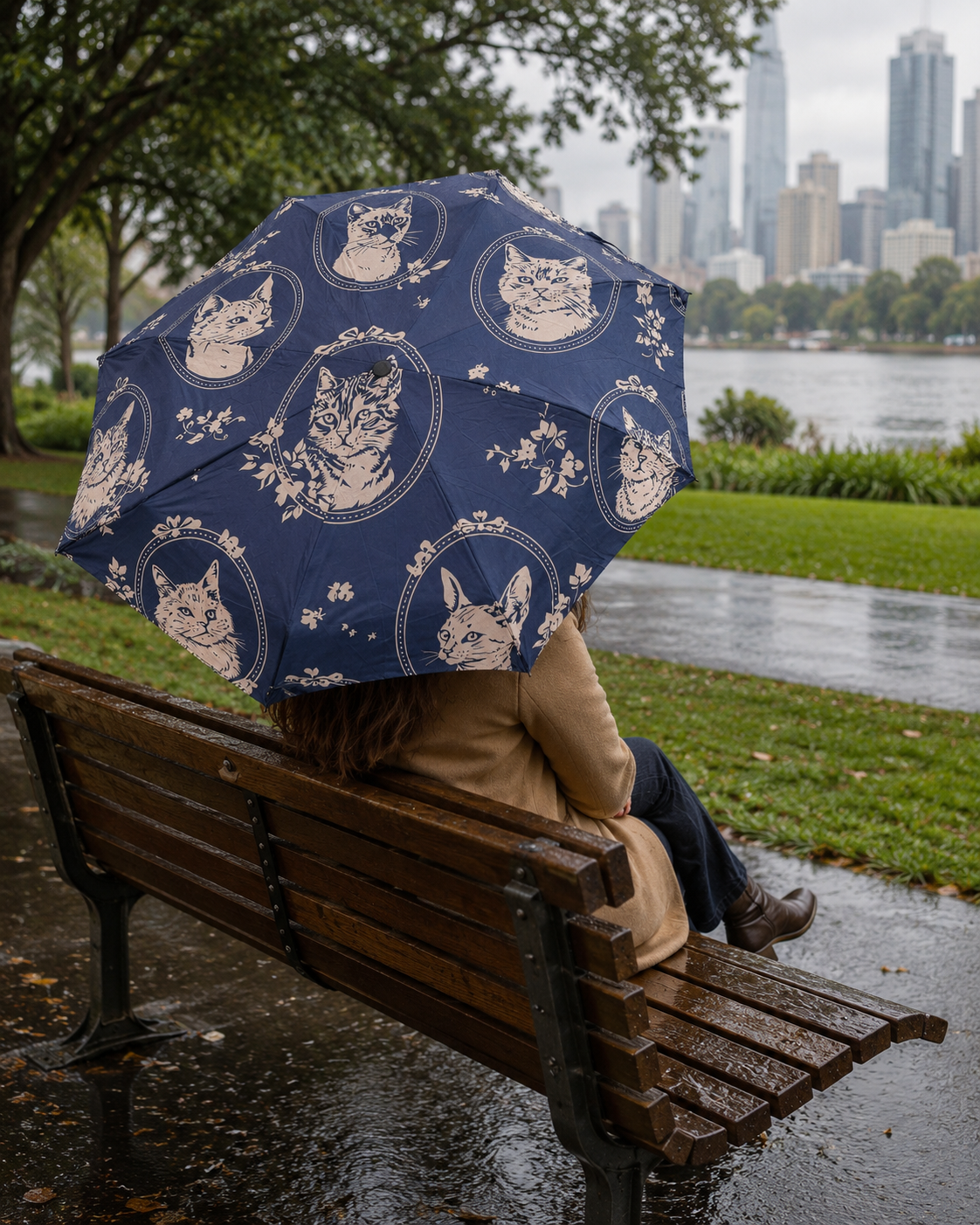 A navy blue umbrella with a repeating pattern of white cat portraits in oval frames is held over a seated person on a wooden park bench. The person is wearing a beige coat and dark pants, sitting in a city park with grass, water, and a skyline in the background.