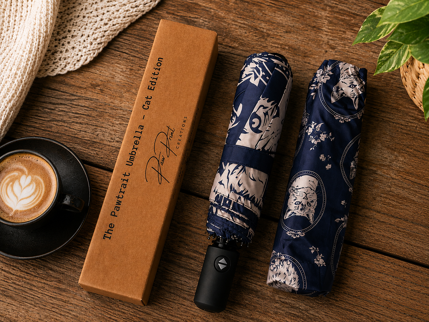 Two closed Patra Petrolumb umbrellas with a navy blue and white floral pattern are displayed next to their brown cardboard packaging box on a rustic wooden table. A cup of latte art coffee, a knitted blanket, and a green plant leaf are styled as props in the scene.