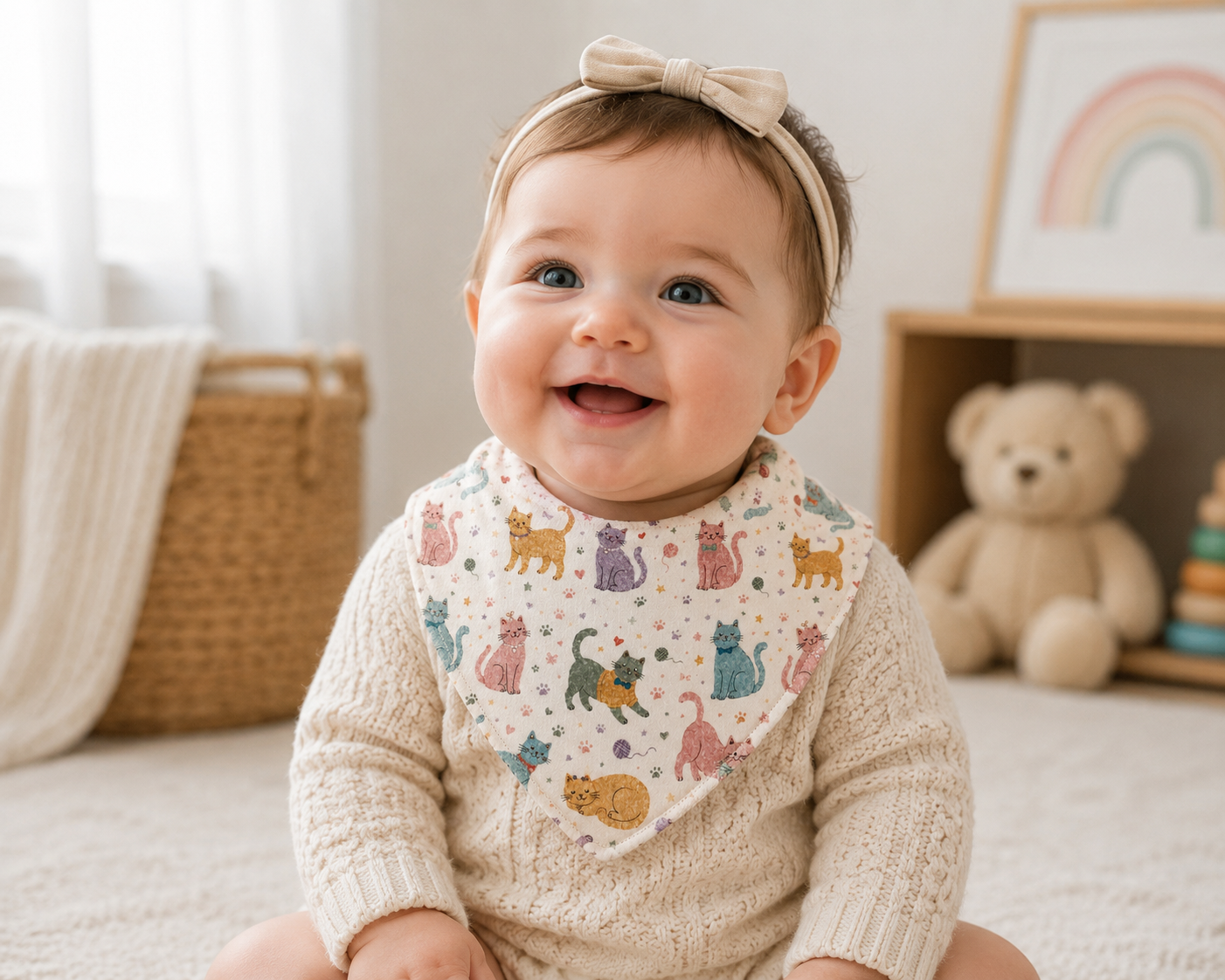 A smiling baby wearing a cream knit outfit, a beige bow headband, and a patterned bib with colorful cat illustrations, sitting in a softly lit nursery with a teddy bear and basket in the background.