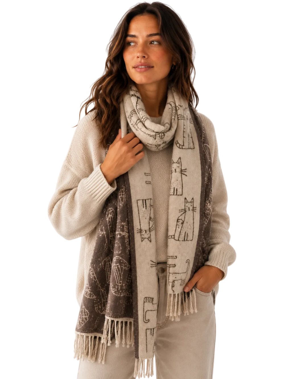 Woman wearing a patterned scarf with a neutral background
