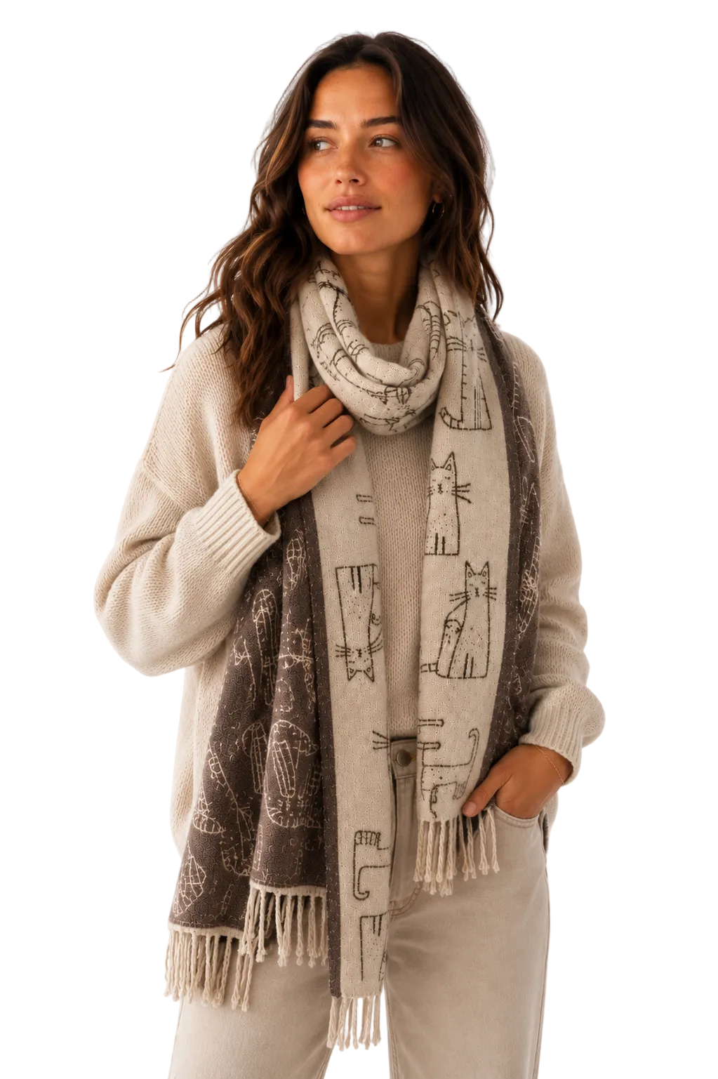 Woman wearing a patterned scarf with a neutral background