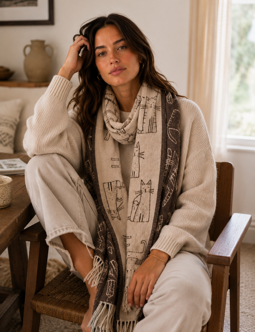 Woman sitting on a chair wearing a patterned scarf in a cozy indoor setting.