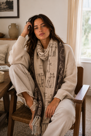 Woman sitting on a chair wearing a patterned scarf in a cozy indoor setting.