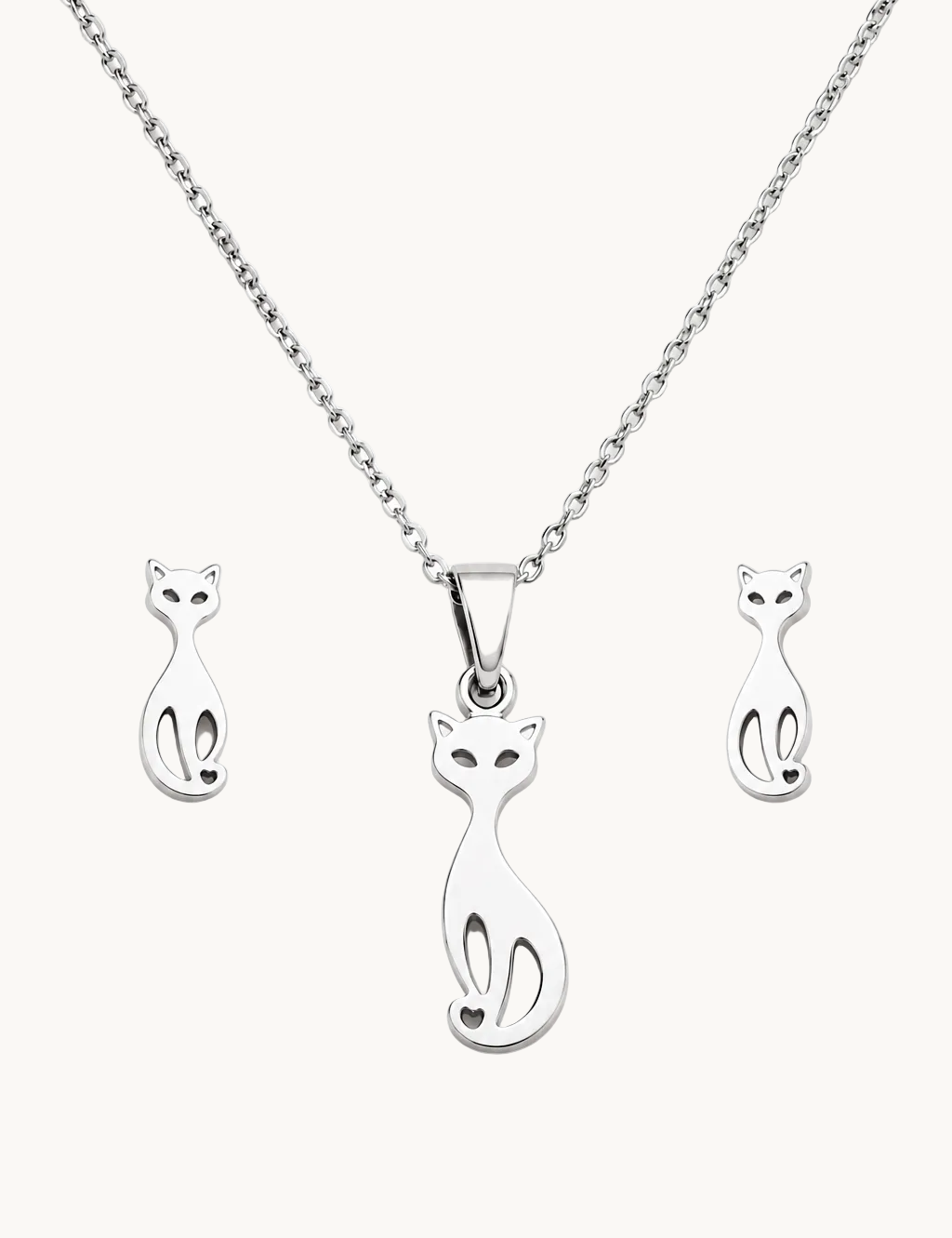 Silver necklace with a cat-shaped pendant, shown with matching stud earrings on a plain white background.