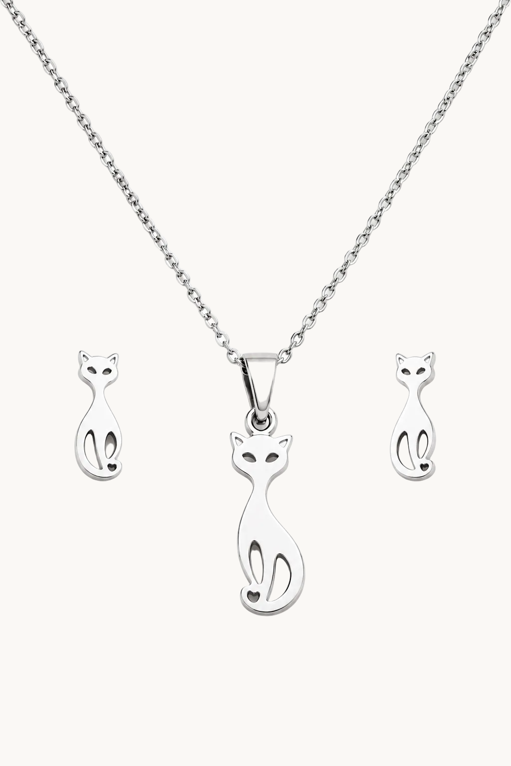 Silver necklace with a cat-shaped pendant, shown with matching stud earrings on a plain white background.