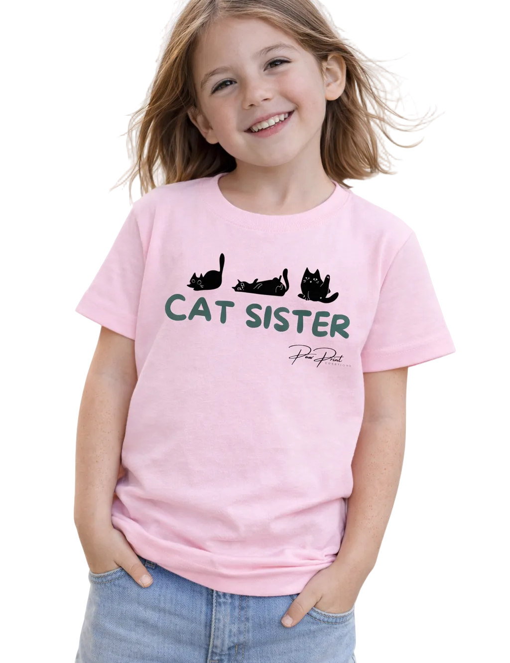 Child wearing a pink t-shirt with 'Cat Sister' text and cat illustrations on a white background