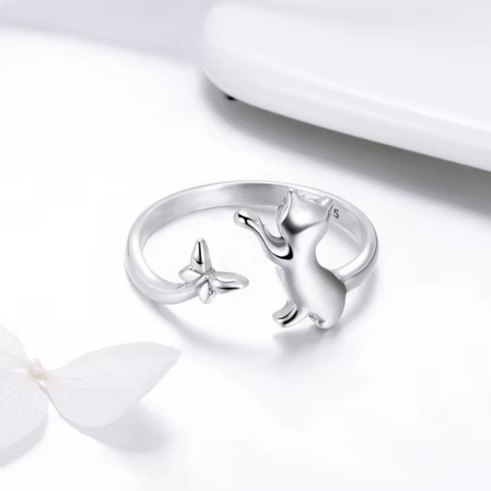 Sterling Silver Cat & Butterfly Adjustable Ring