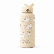 Beige water bottle with cat illustrations on a white background