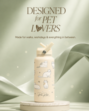 Beige water bottle with cat illustrations on a light green background, featuring text 'Designed for Pet Lovers'.