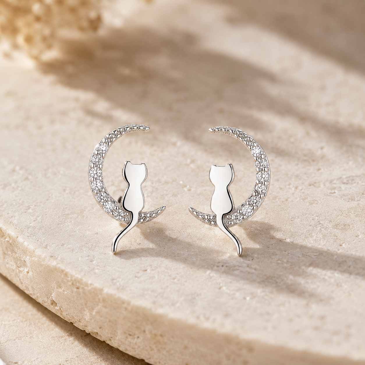 Sterling Silver Cat Moon Stud Earrings