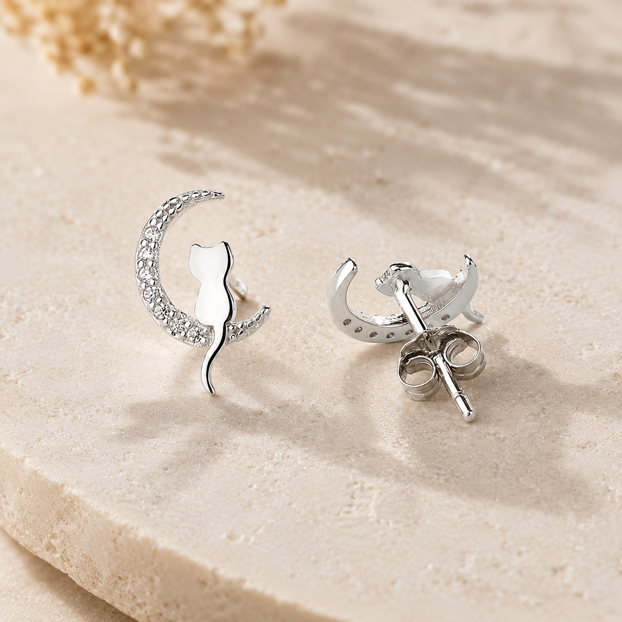Sterling Silver Cat Moon Stud Earrings