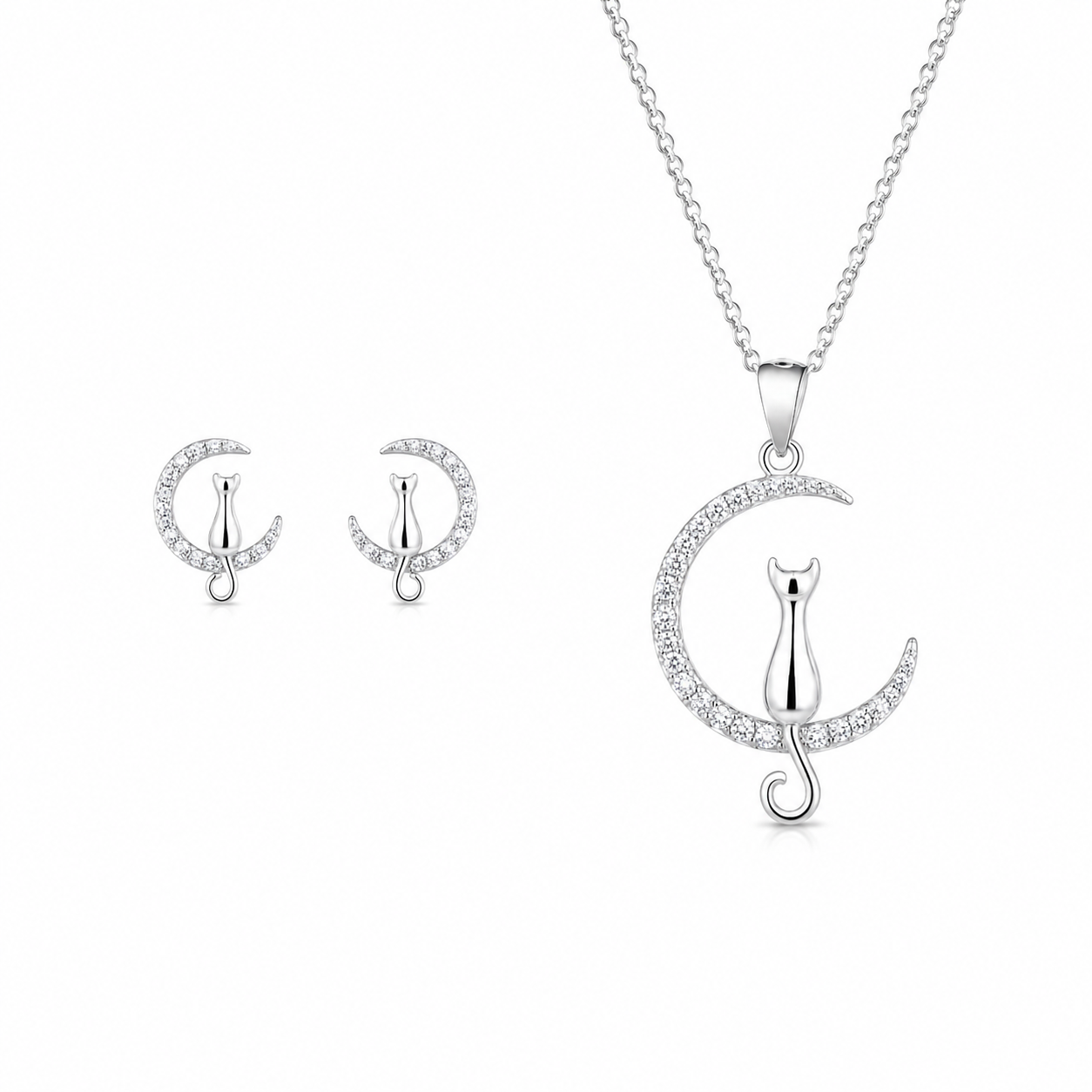 Sterling Silver Cat on the Moon Jewellery Set