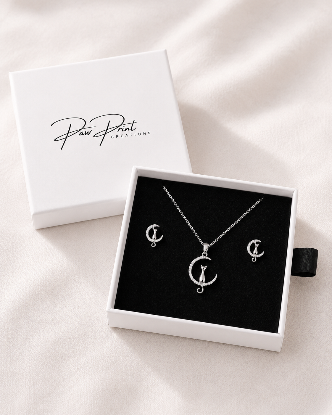 Sterling Silver Cat on the Moon Jewellery Set