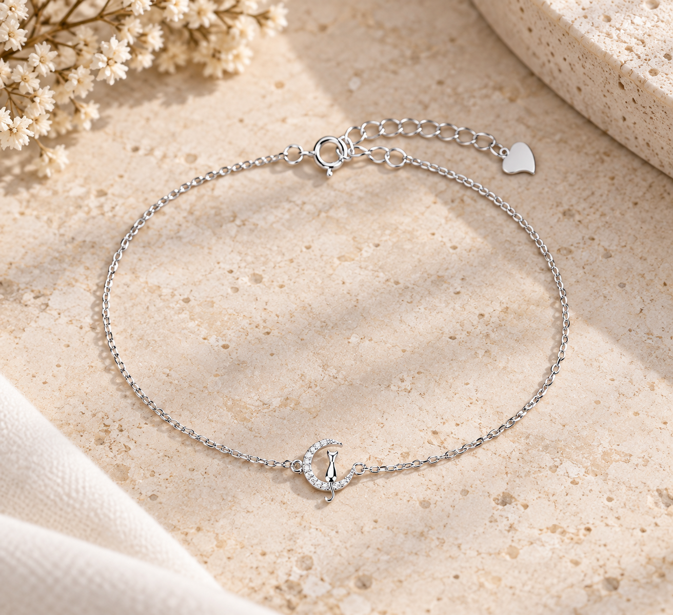 Sterling Silver Cat on the Moon Pendant Bracelet