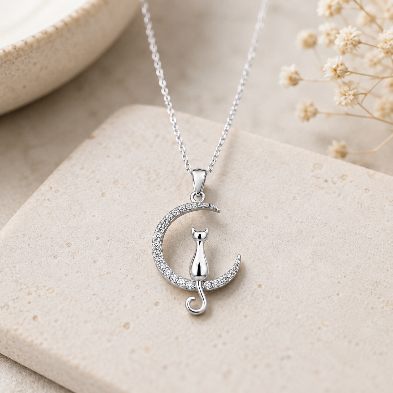 A silver necklace with a crescent moon pendant featuring a small cat silhouette and small clear stones, displayed on a beige stone surface with dried flowers in the background.