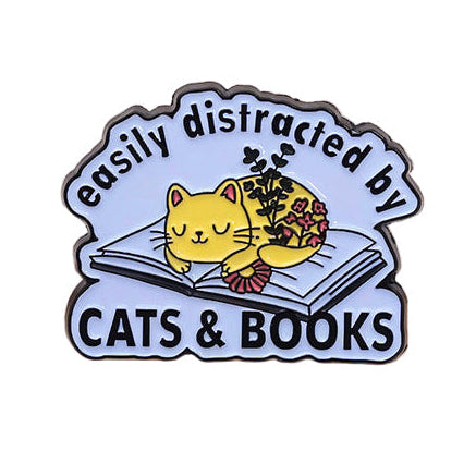 Easily Distracted by Cats & Books Enamel Pin