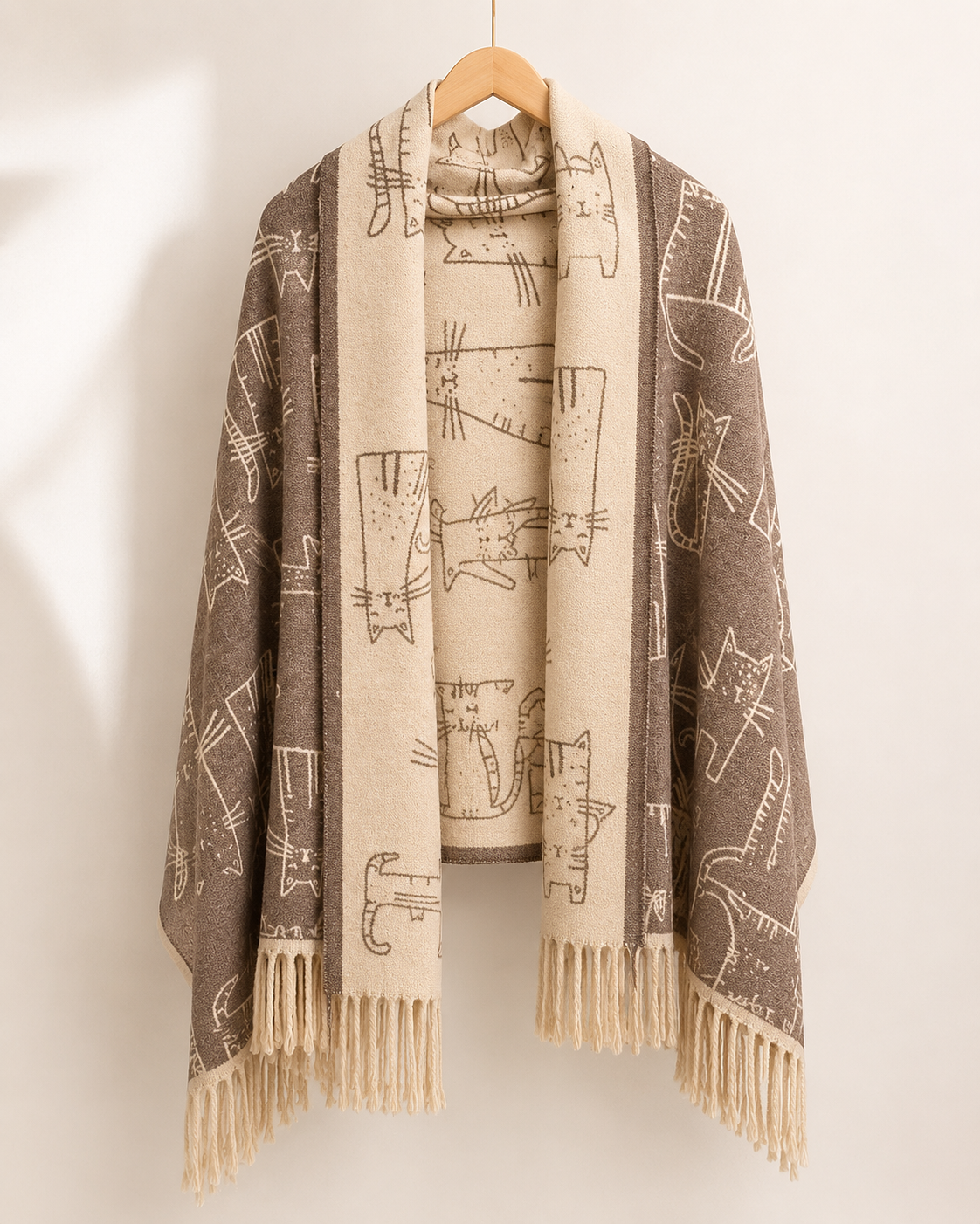 Chocolate coloured Scarf with geometric pattern on a wooden hanger against a white background