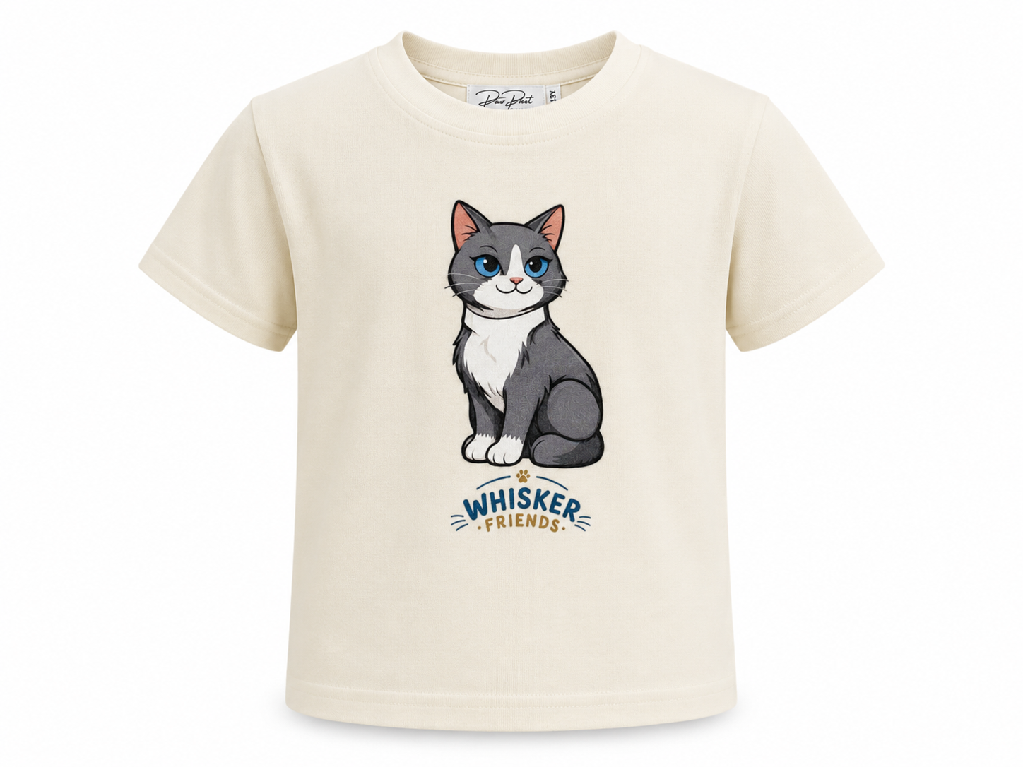 An off-white short-sleeve t-shirt featuring a cartoon illustration of a gray and white cat with blue eyes, above the text 'WHISKER FRIENDS'.