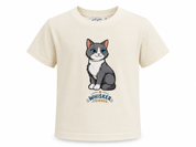 An off-white short-sleeve t-shirt featuring a cartoon illustration of a gray and white cat with blue eyes, above the text 'WHISKER FRIENDS'.