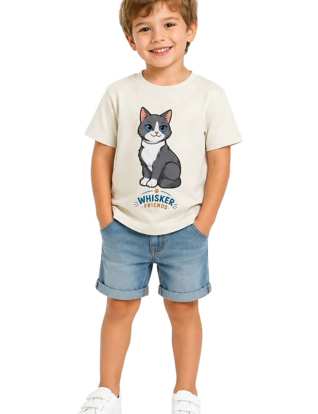 A young boy stands against a white background wearing a cream-colored t-shirt with a cartoon cat graphic and the text 'I'M WHISKER AGE 4', paired with blue denim shorts and white sneakers.
