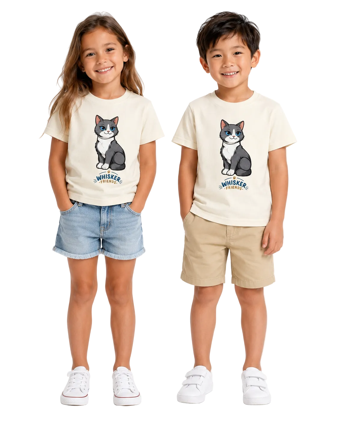 A young boy stands against a white background wearing a cream-colored t-shirt with a cartoon cat graphic and the text 'I'M WHISKER AGE 4', paired with blue denim shorts and white sneakers.