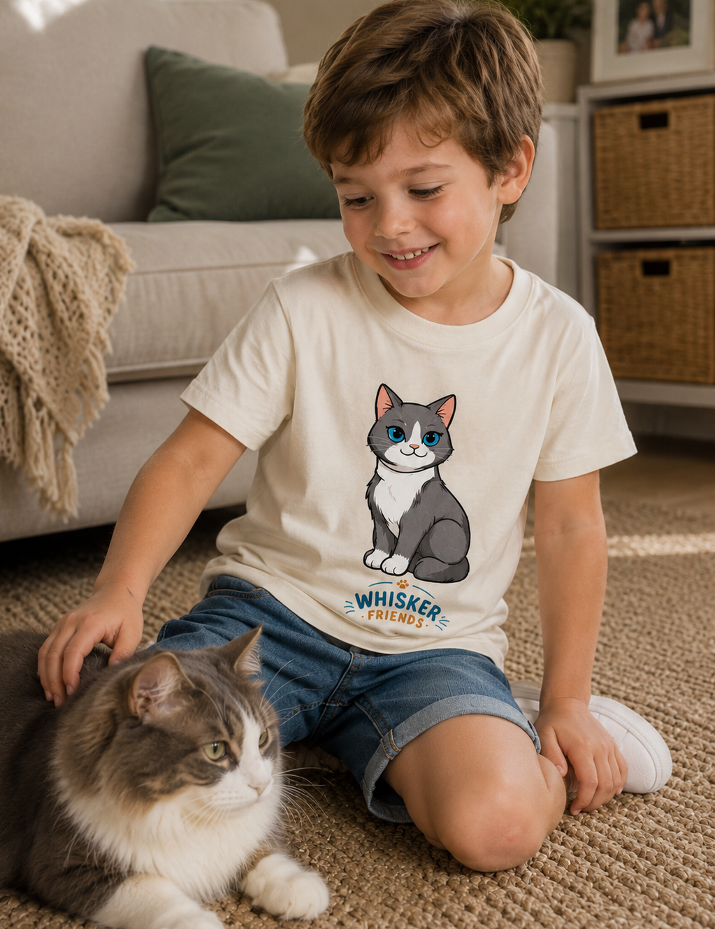 A young boy sitting on a carpeted floor in a living room, wearing a cream-colored t-shirt with a cartoon cat graphic and the text 'Whisker Friends'. He is petting a fluffy gray and white cat.