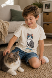 A young boy sitting on a carpeted floor in a living room, wearing a cream-colored t-shirt with a cartoon cat graphic and the text 'Whisker Friends'. He is petting a fluffy gray and white cat.