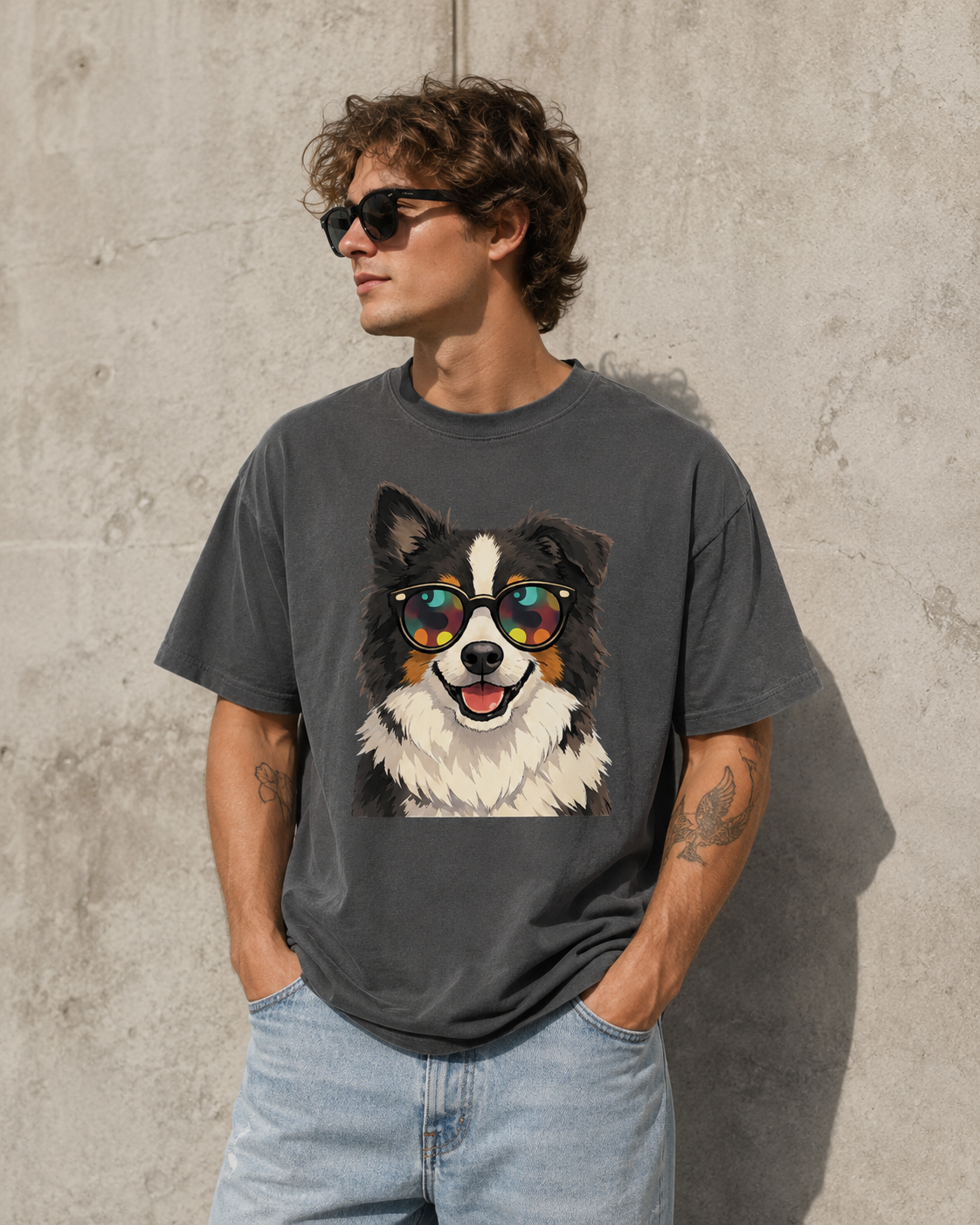 Man wearing a dark gray t-shirt with a dog graphic and sunglasses against a concrete wall.